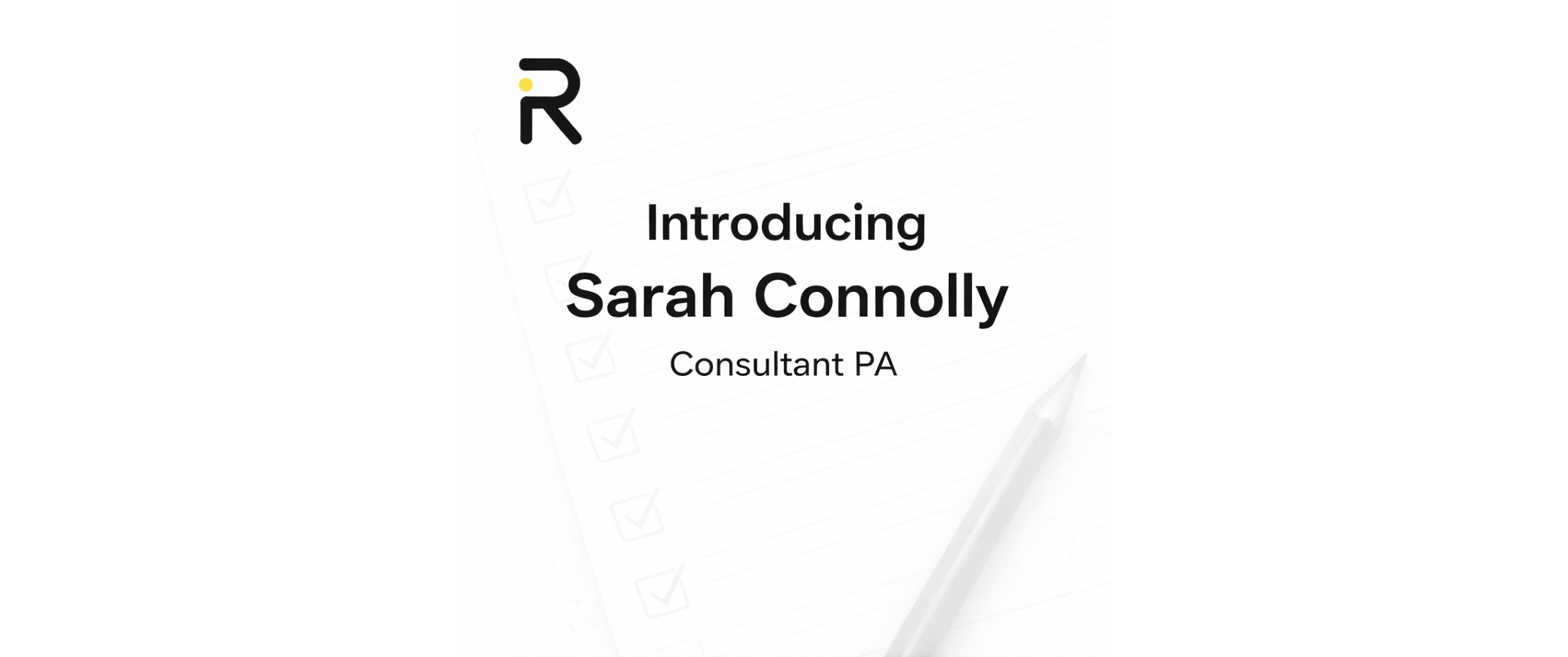 An image introducing Sarah Connolly as a Consultant Personal Assistant at Russell IP