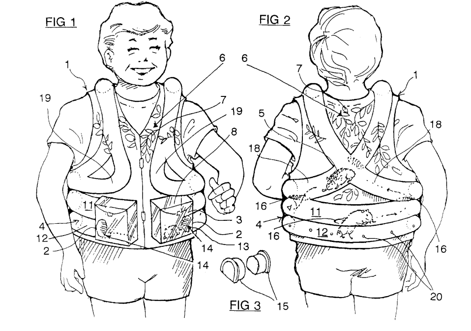 Drawings from US patent US5901666 showing a person wearing a pet display vest with transparent pockets and connecting tubes which pets can move through.