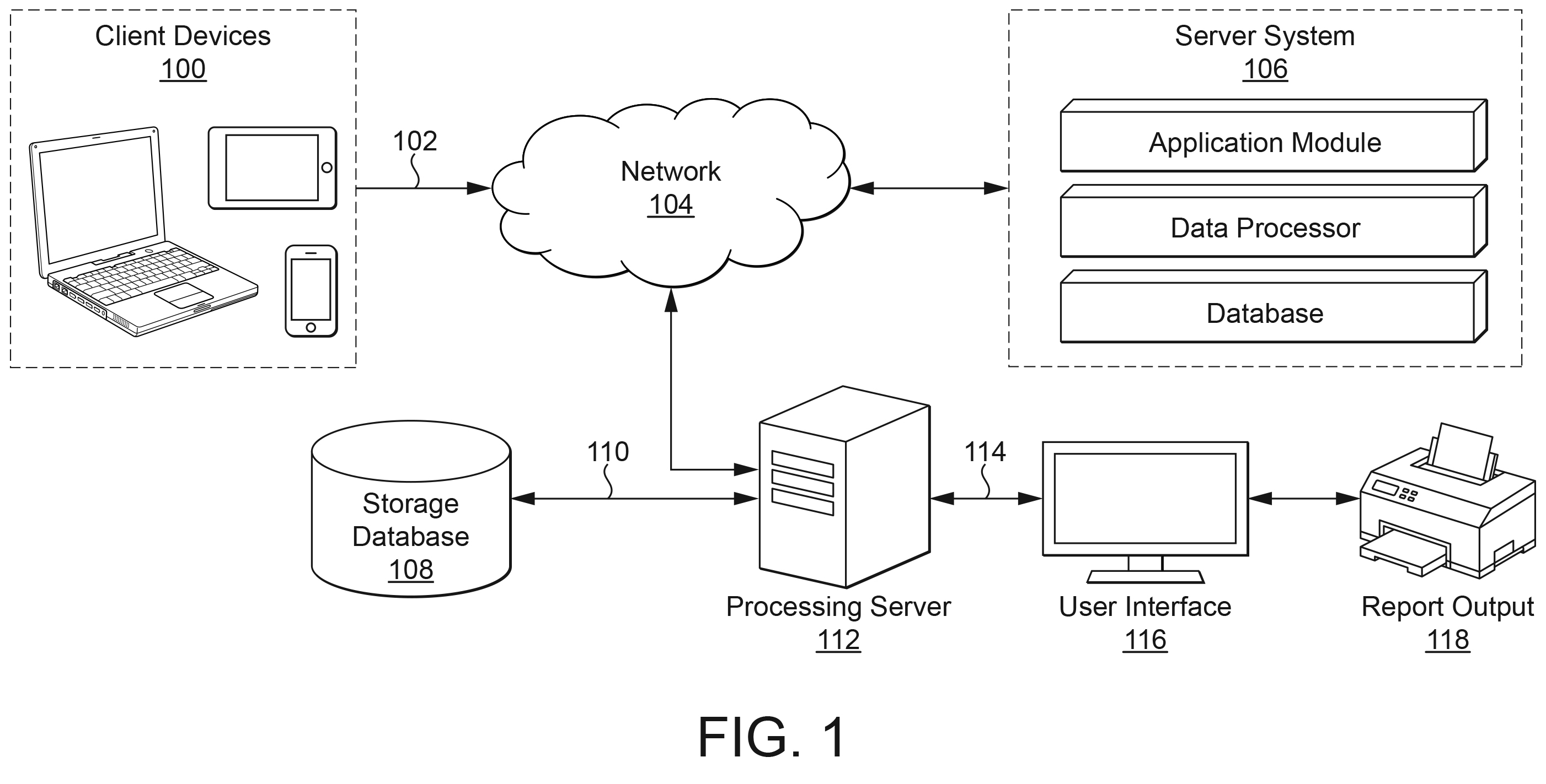 Example system architecture diagram for a software patent application, showing client devices connected via a network to a server and a printer for report output. Illustrative only – not tied to any specific invention.